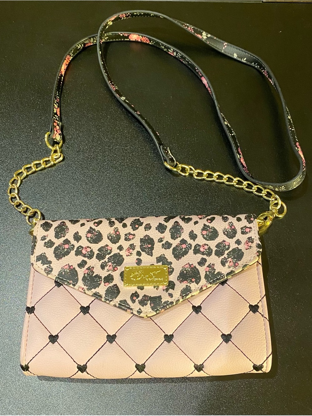 Luv Betsey Betsey Johnson Pink Quilted Heart Studded Leopard Crossbody Bag NWT